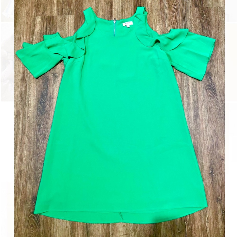 Green Ruffle Cold Shoulder Sleeve Dress - Picture 3 of 4